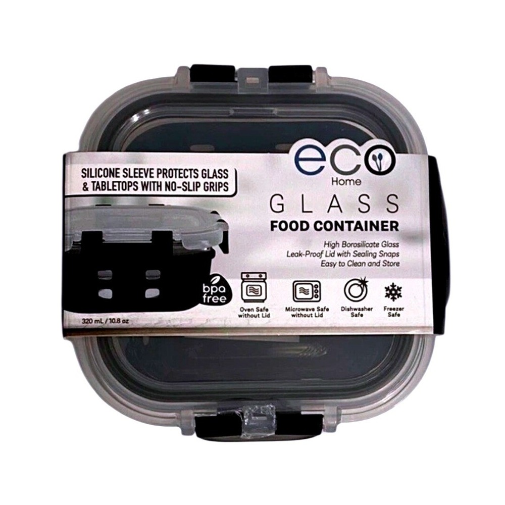 Eco Home Glass Food Container 320mL Black Silicone Sleeve Leak Proof Lid NEW